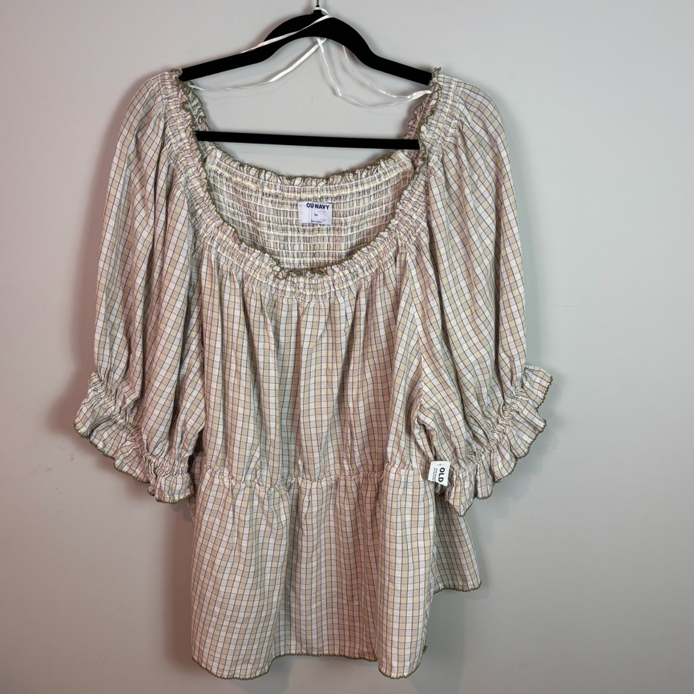 NEW Old Navy Womens Peplum Blouse Smocked Beige Checkered size 3X NWT! Cotton